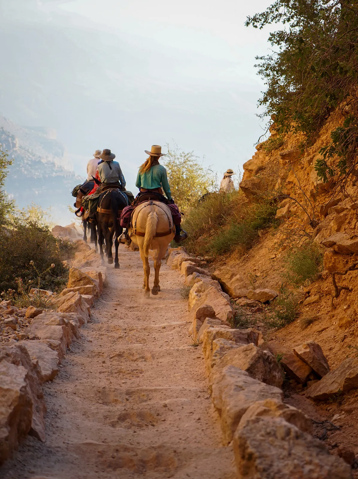 Three guests on trail, all on horseback, trotting towards foggy hills.