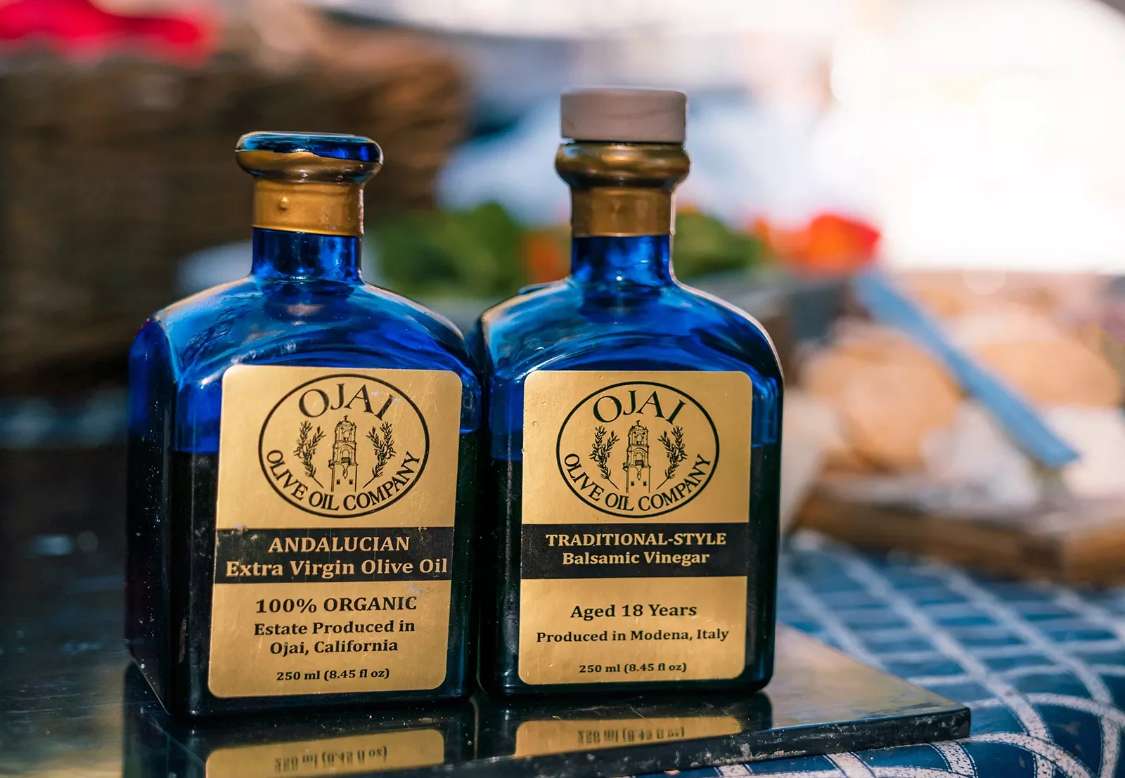 Close-up of olive oil bottles.