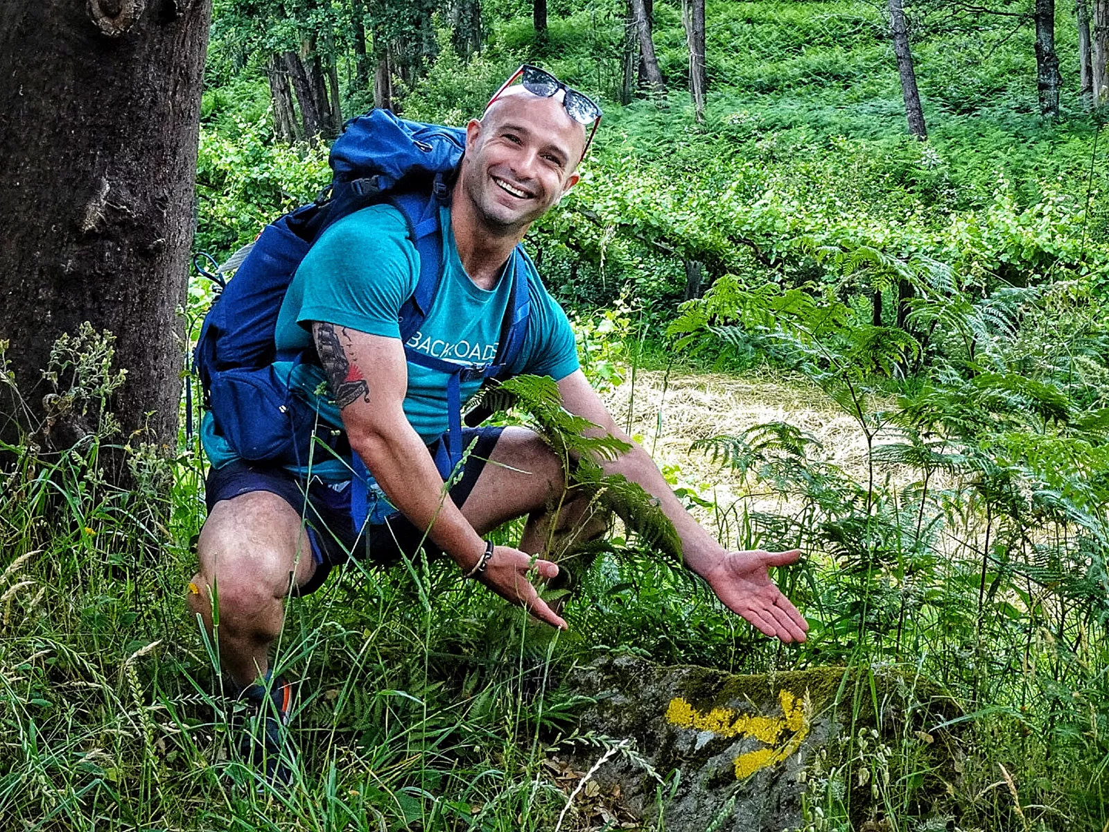 Guest in bushes off trail, gesturing to mossy rock.