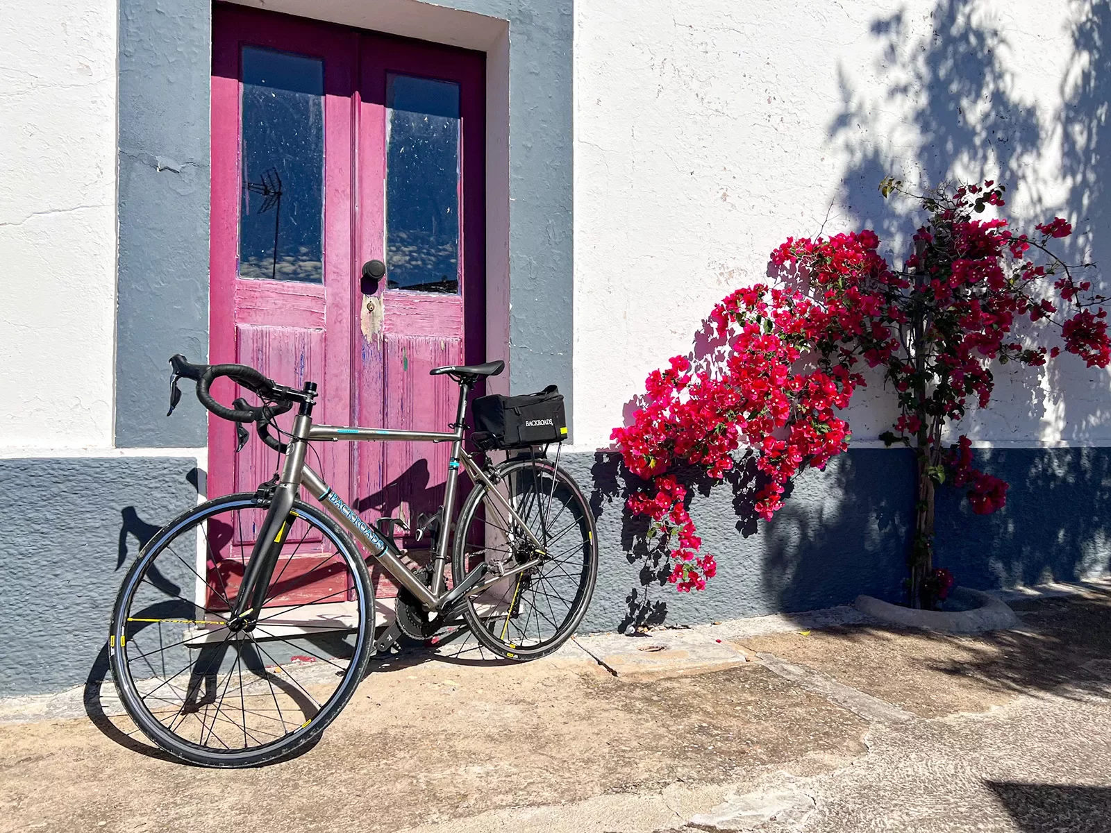 A performance bicycle leaning against a red door