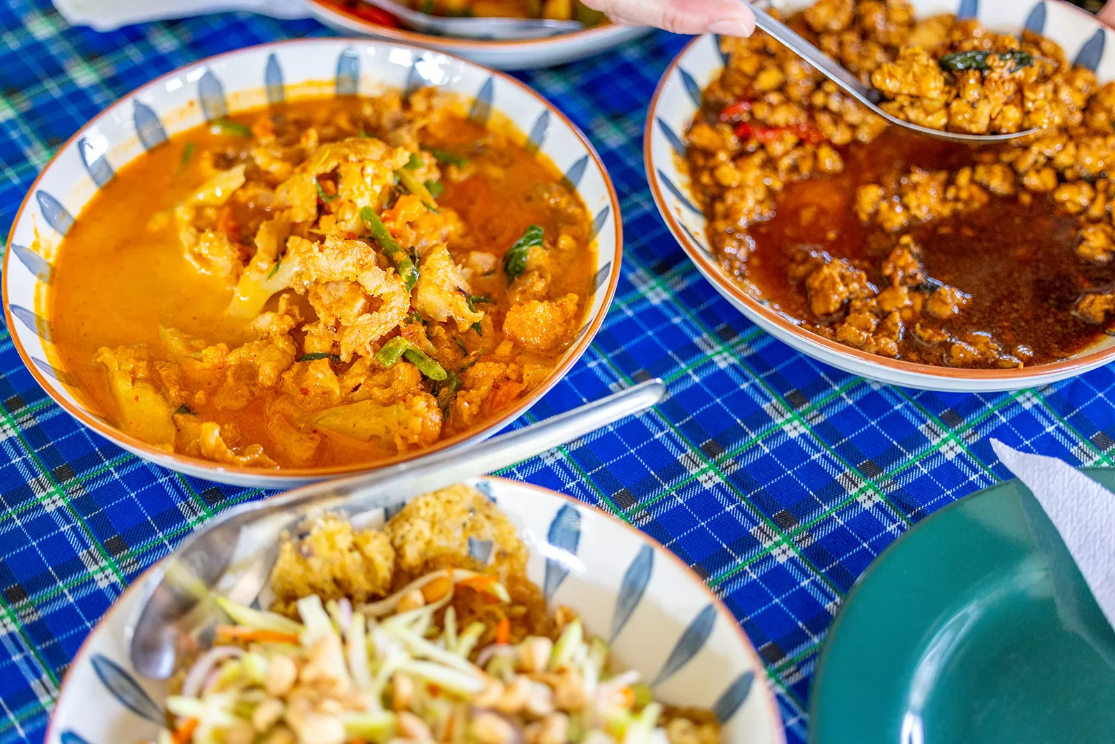 Bowls of food on a blue checkered table