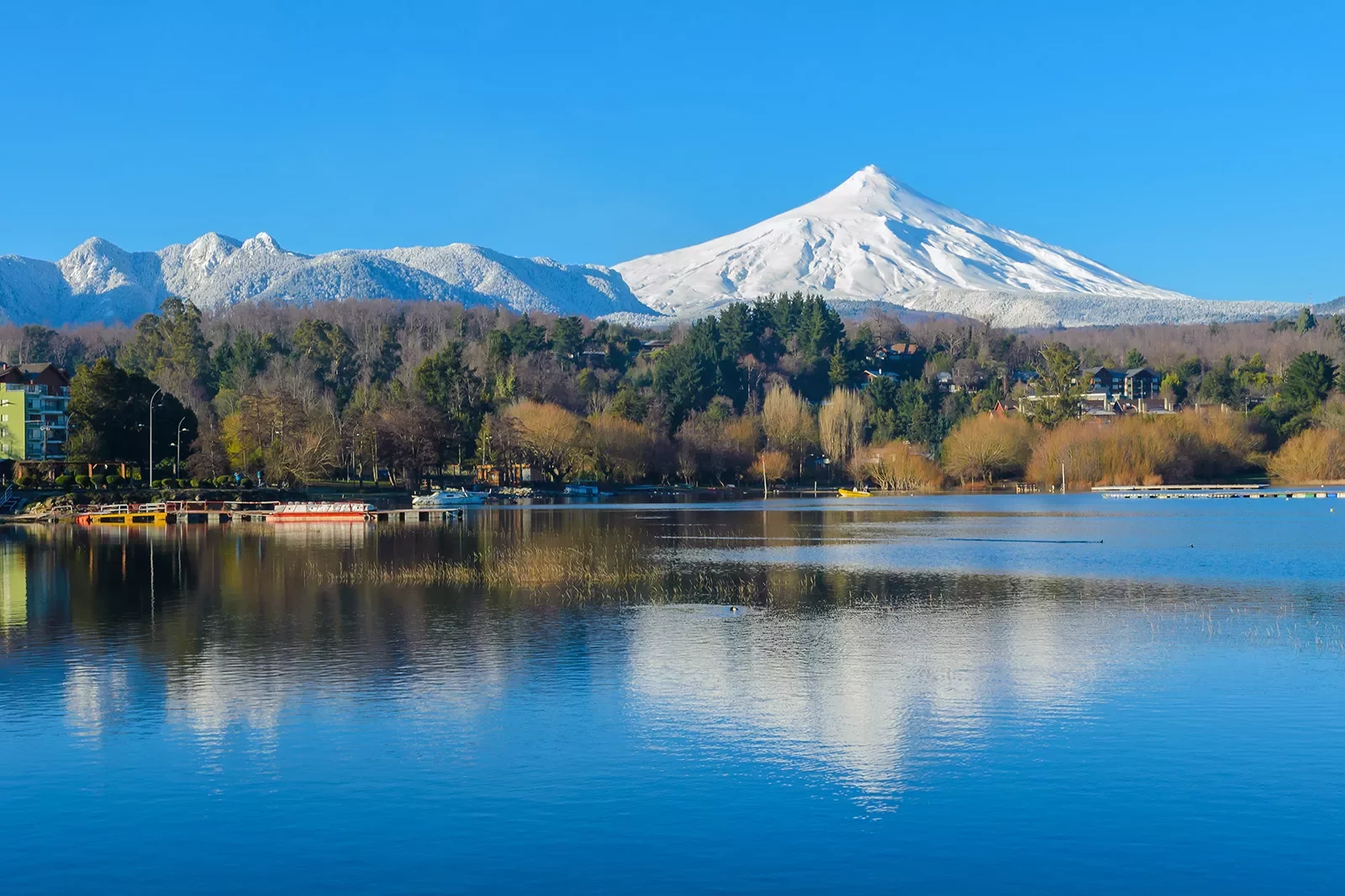 Snow capped mountain in the background of a lake