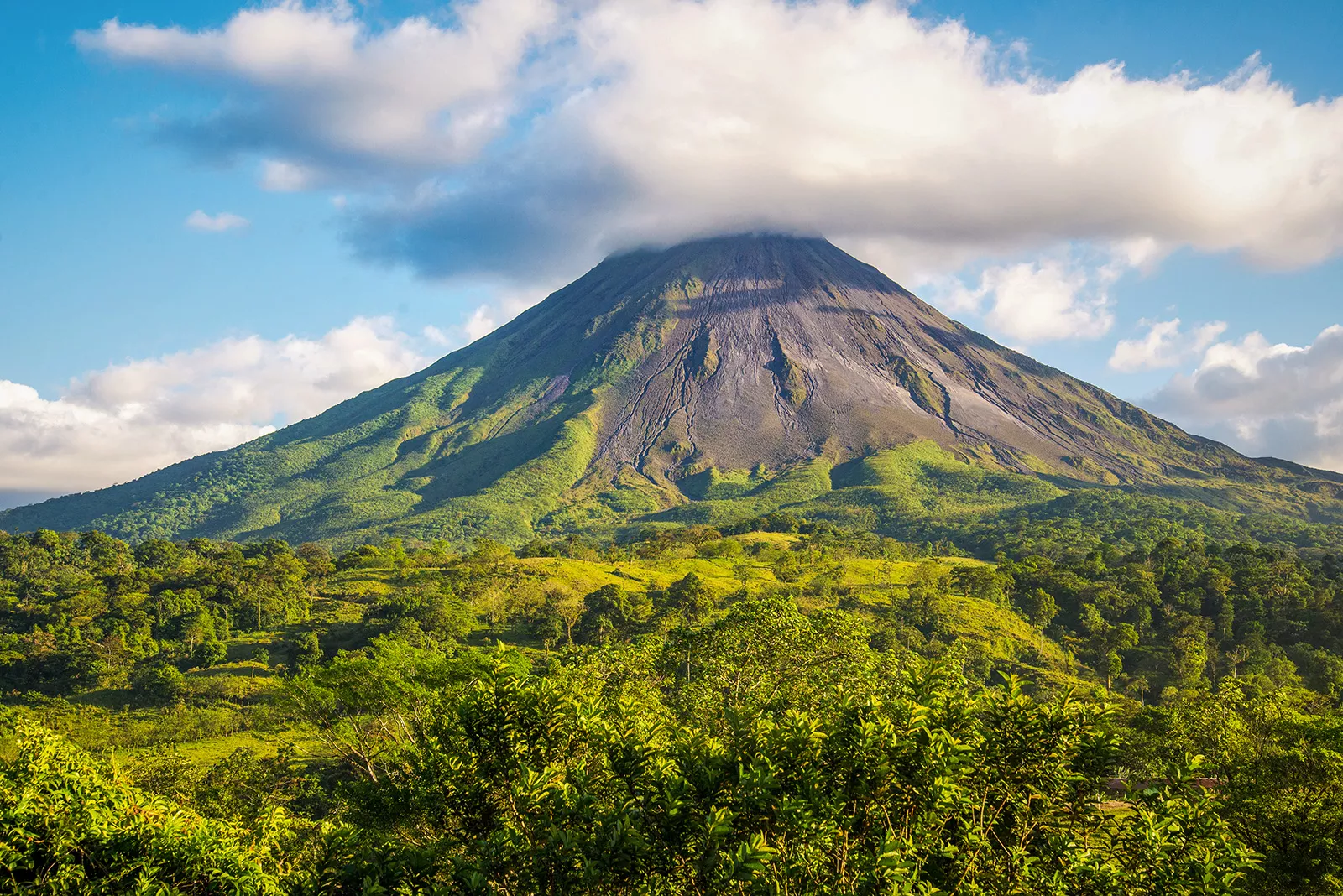 Grassy mountain covered by a cloud at its peak