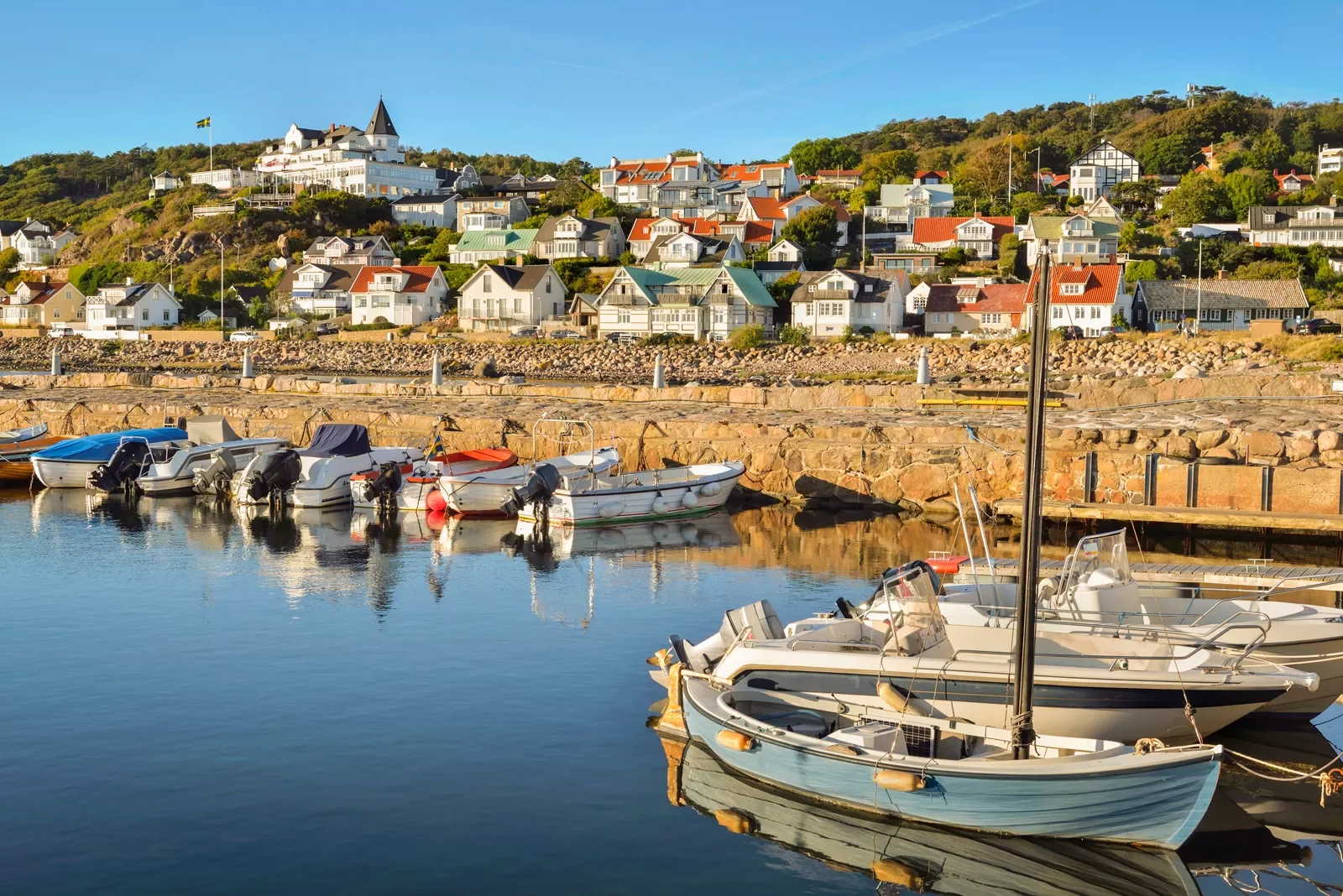 Small boats docked in a small port