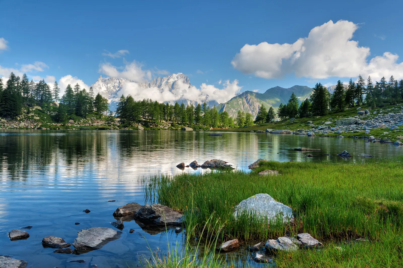 Lake surrounded by rocks, grass and trees