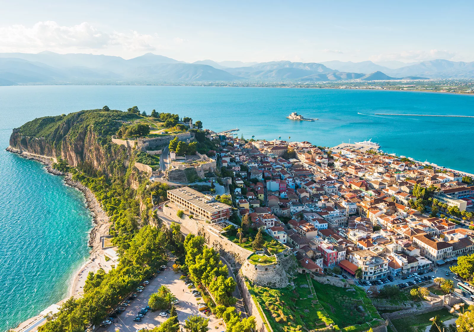 Top view of a small town by the ocean