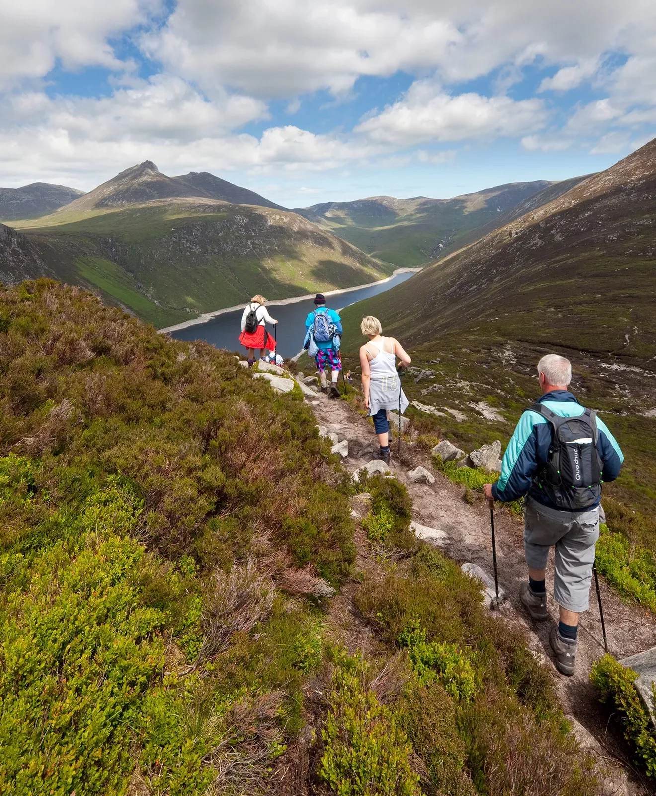Four hikers with walking poles descending a grassy trail