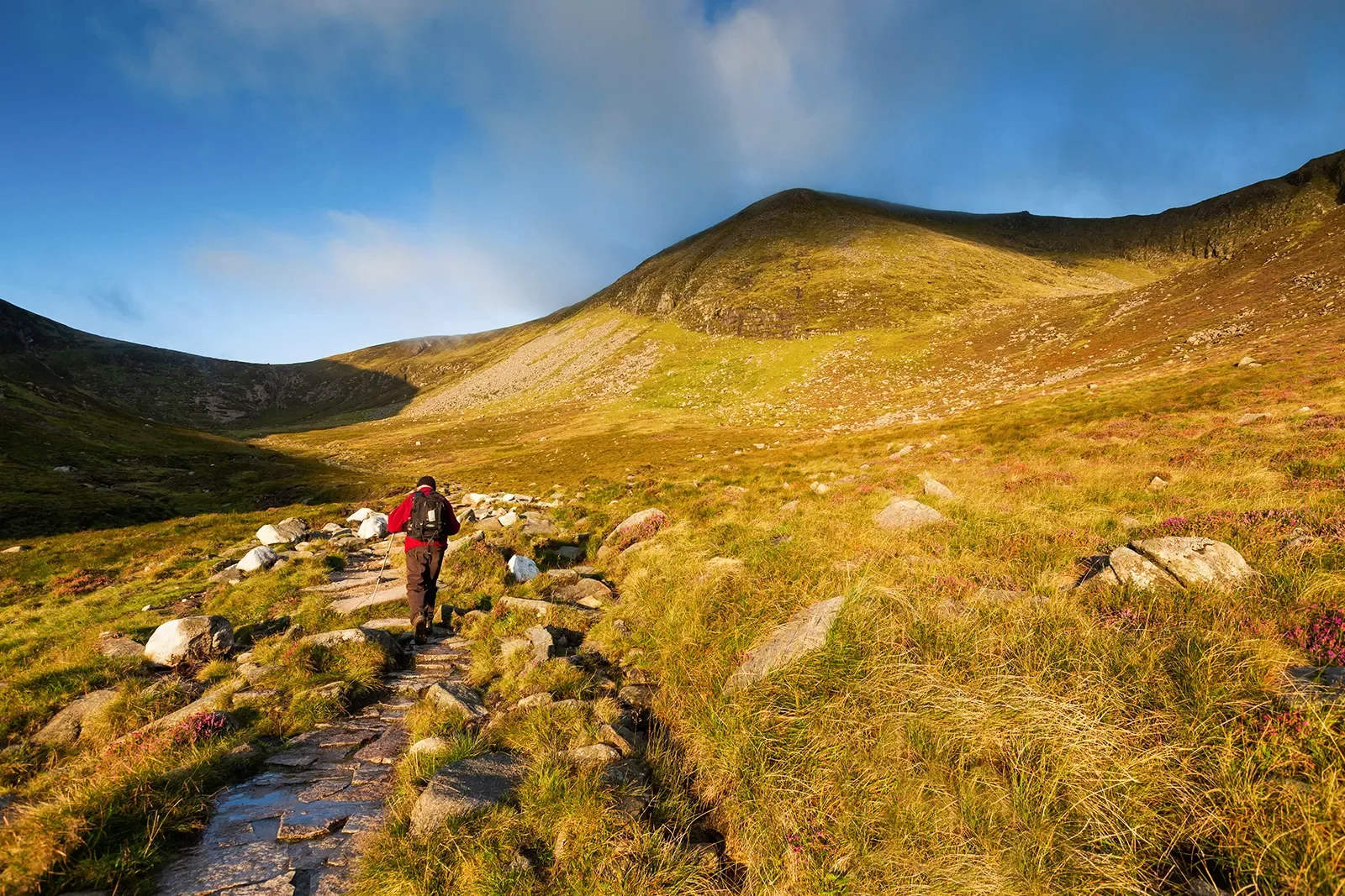 Person with a backpack hiking through a grassy valley