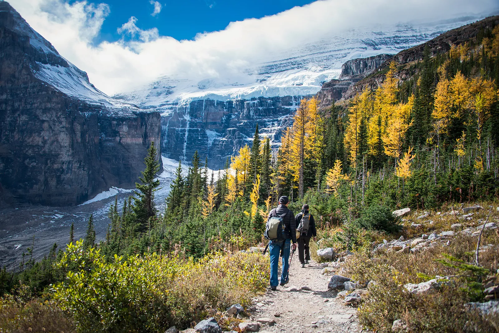 Two hikers descending down a gravel trail towards trees and mountains