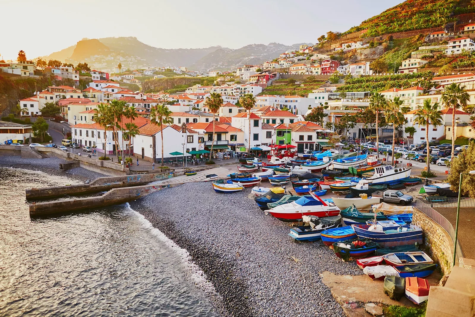 Beachside port full of boats and buildings