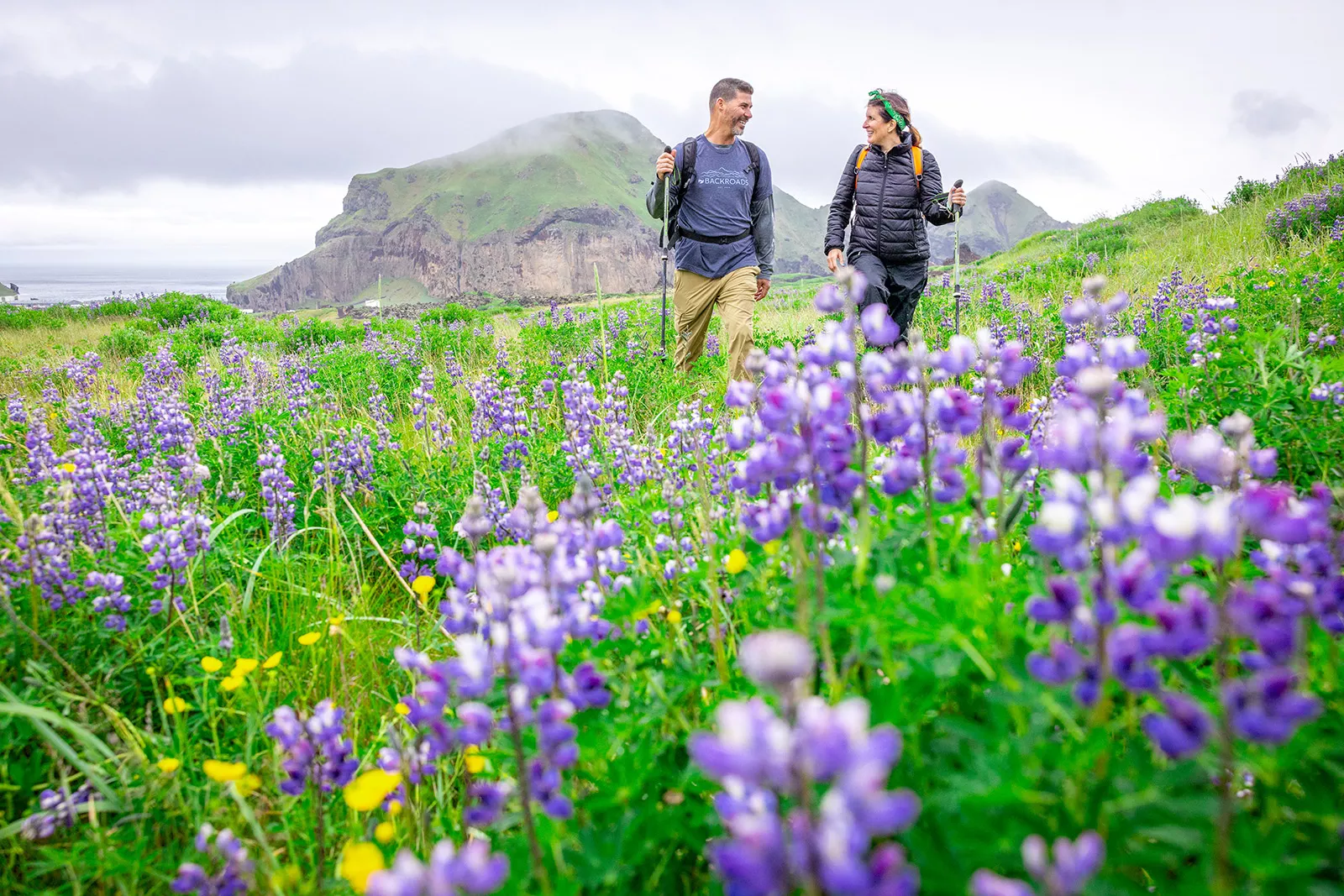 Man and woman walking through a grassy field full of purple flowers