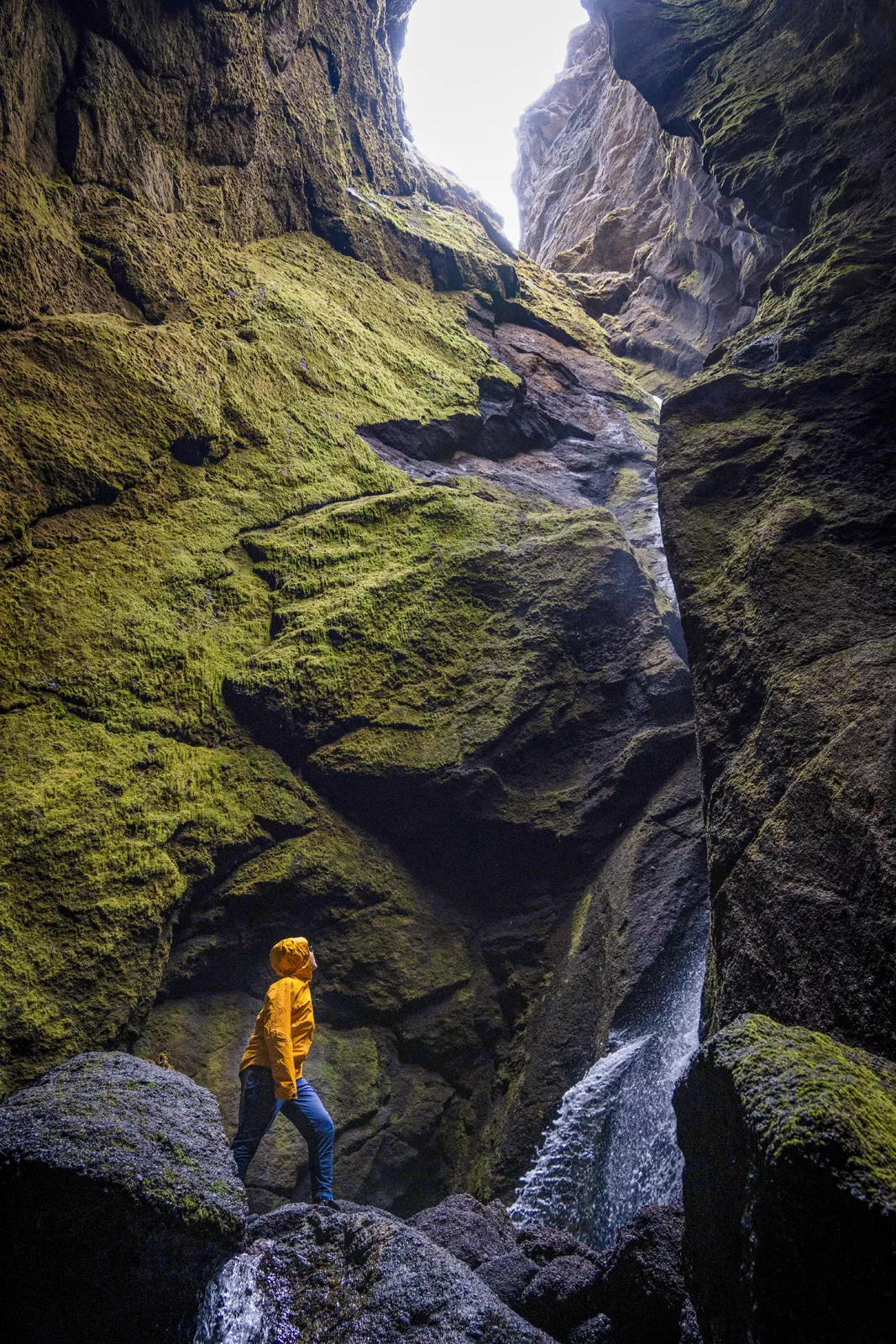 Person in a yellow jacket standing on a rock, looking up to a large cliff