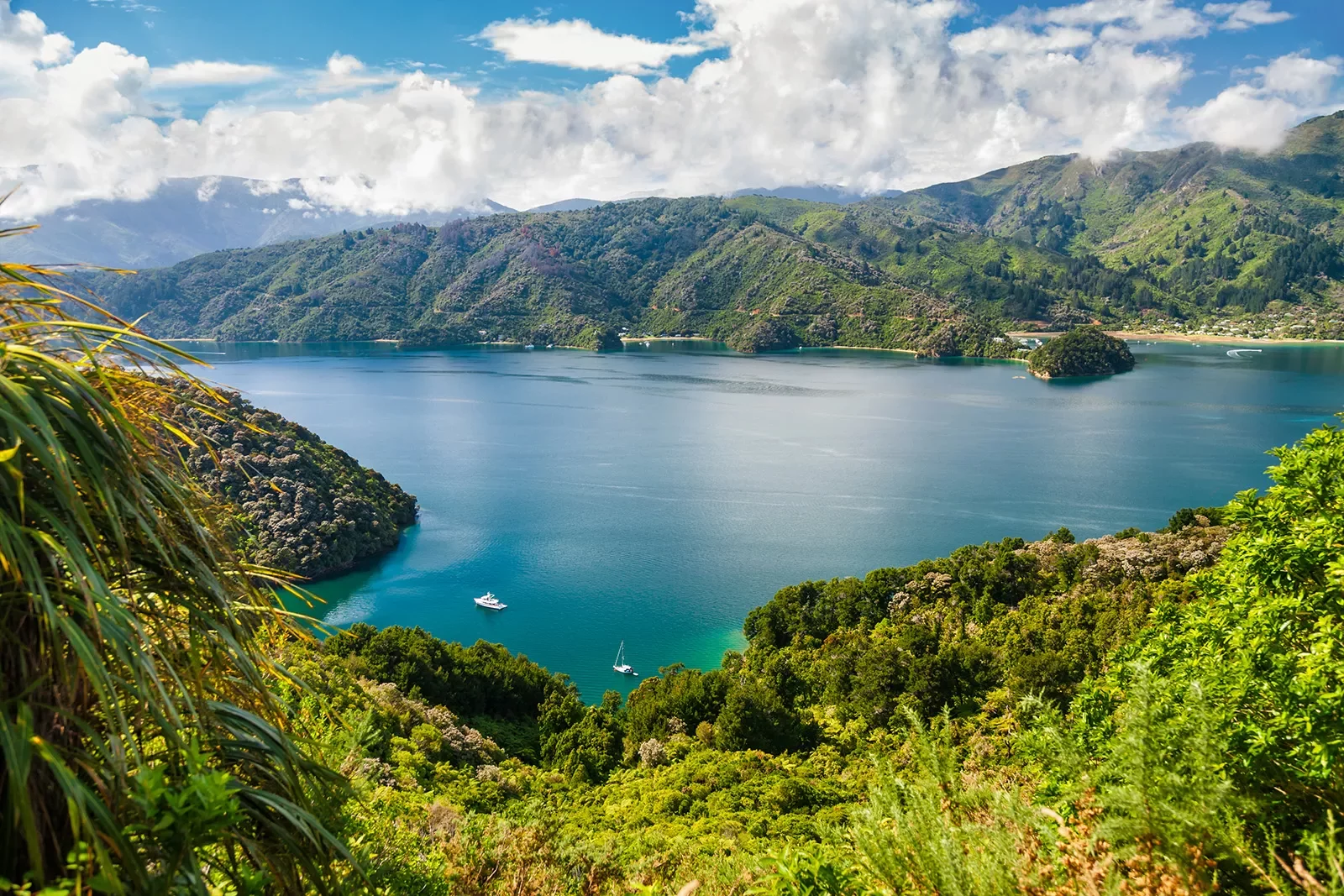 Mountainside view of ocean with boats near the coast