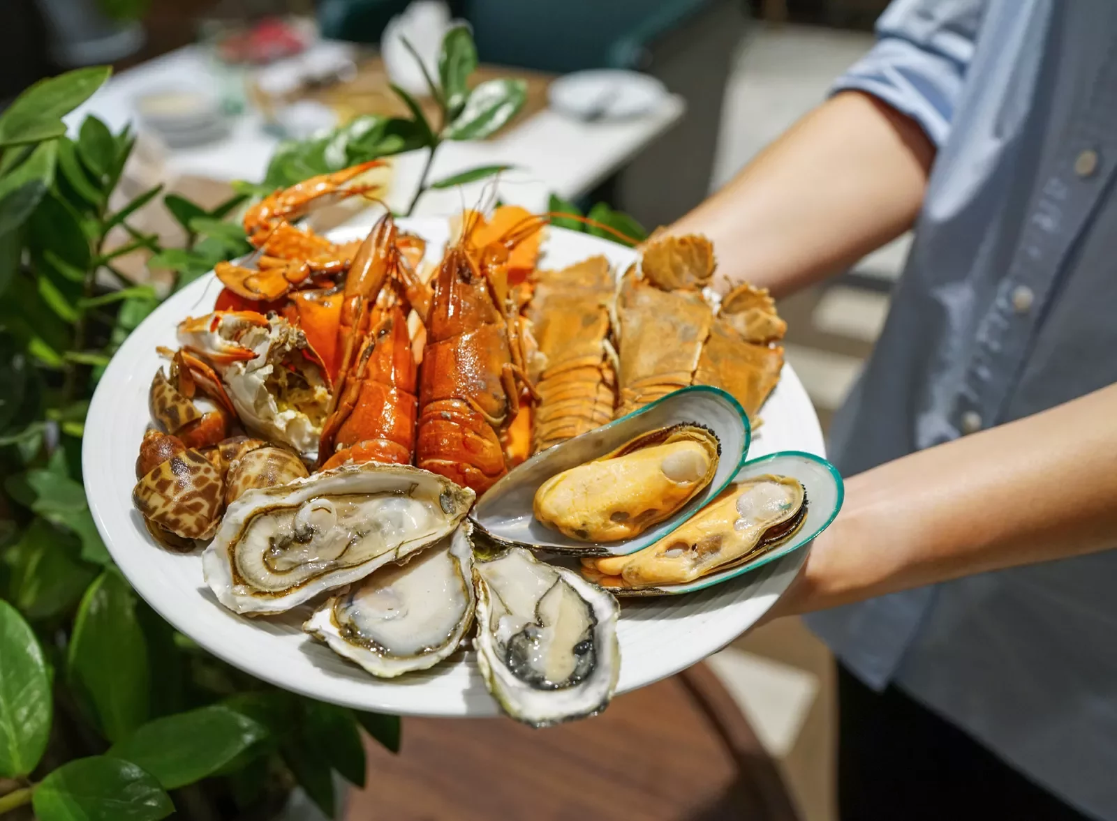 An assortment plate of mussels, oysters, lobsters and other seafood