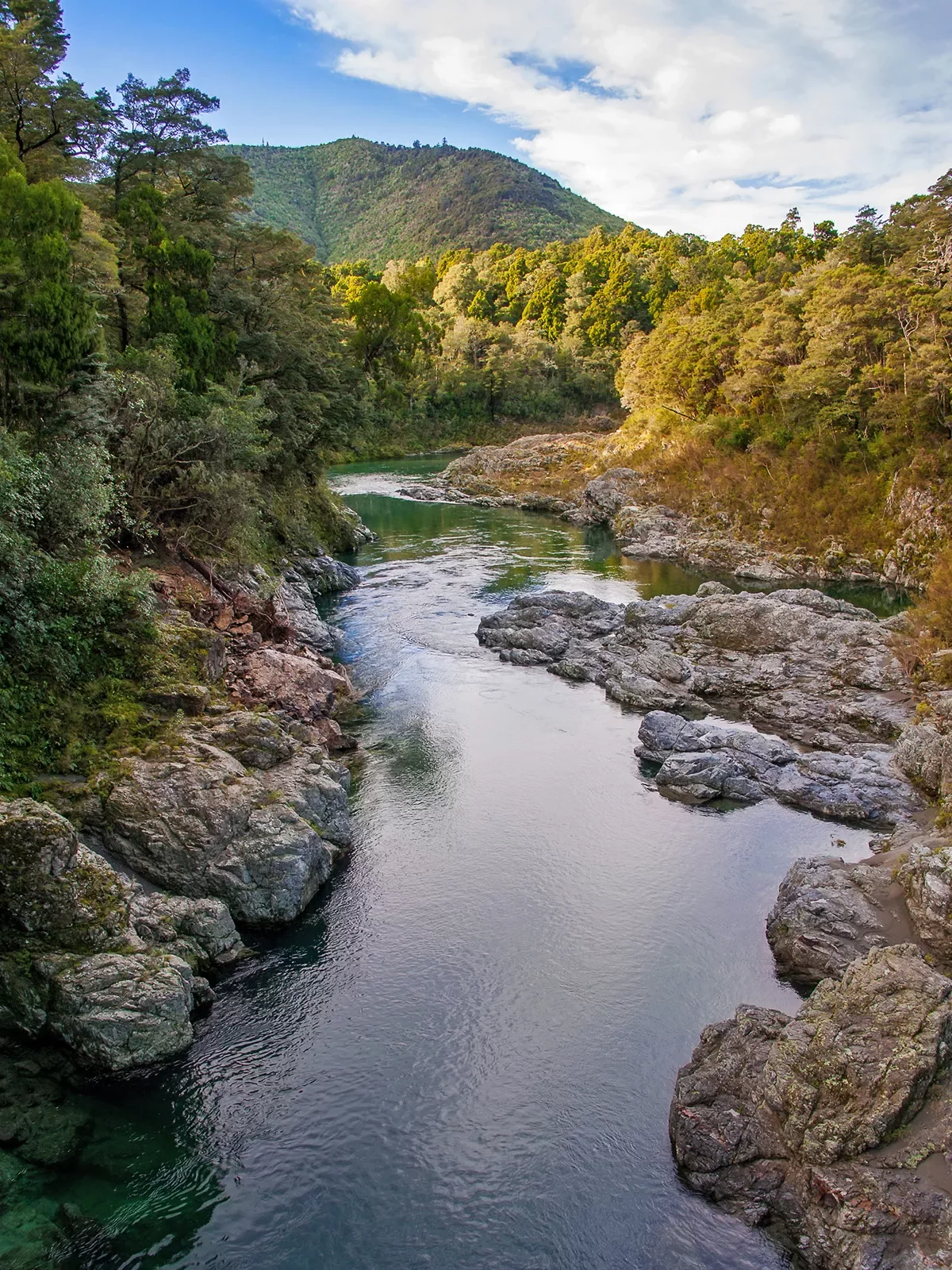 A river cutting through two small cliffs