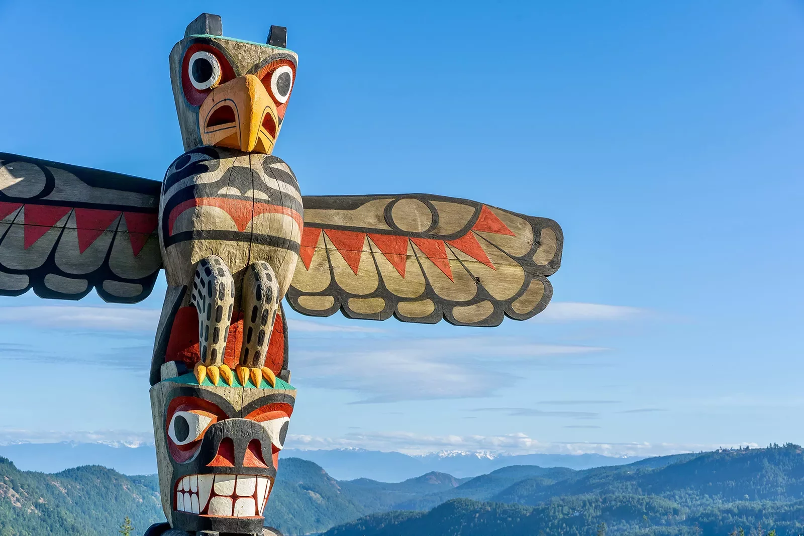 A wooden totem pole of different colorful animals