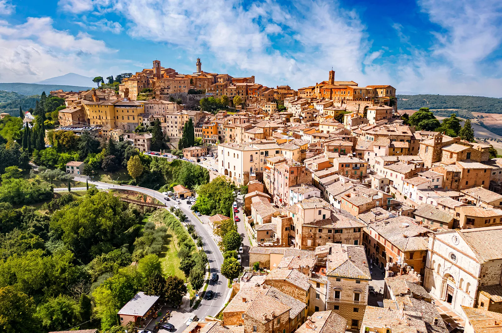 Rustic town full of brick buildings and trees