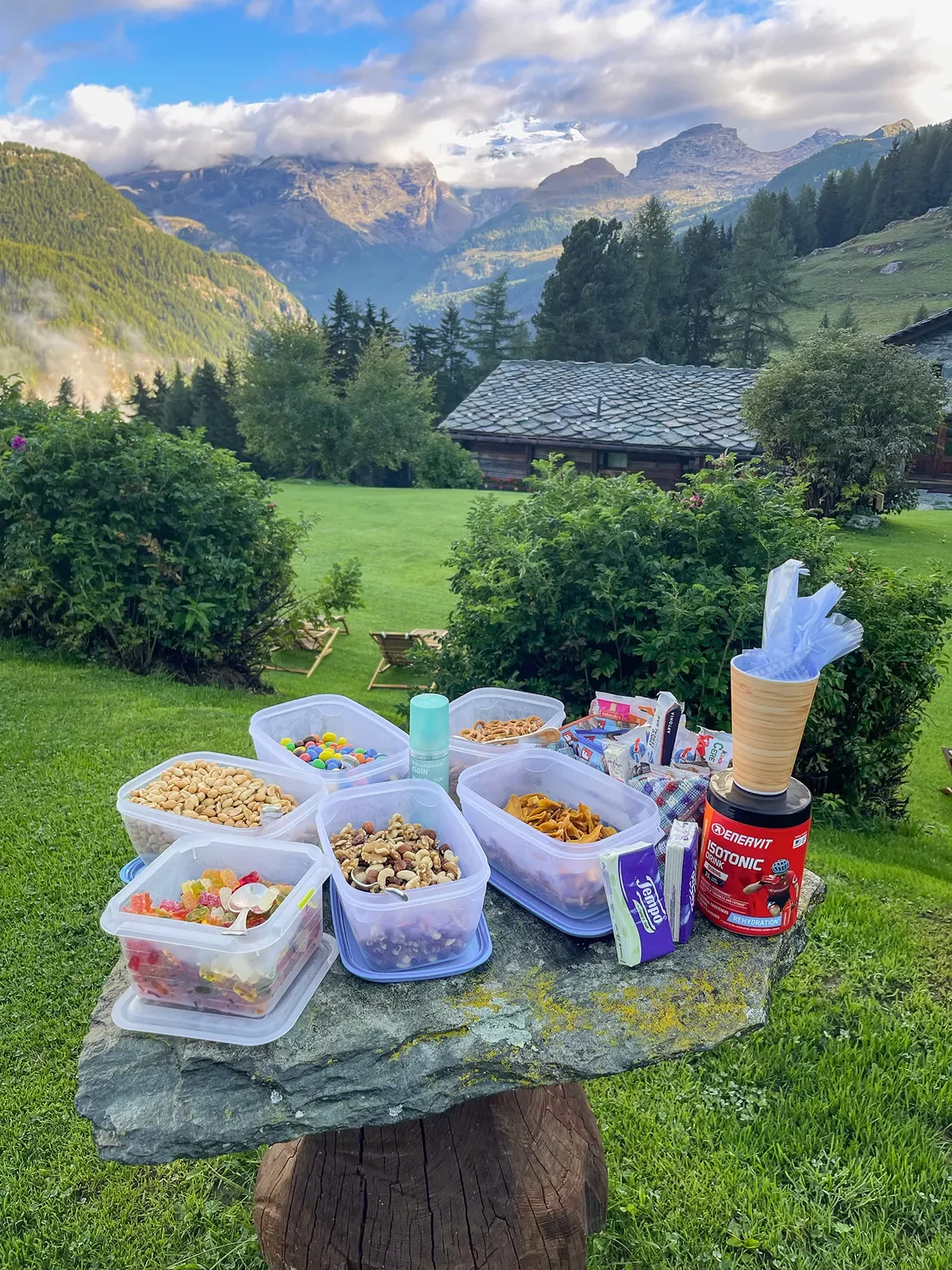 Food containers full of snacks on a rock looking down at a grassy field