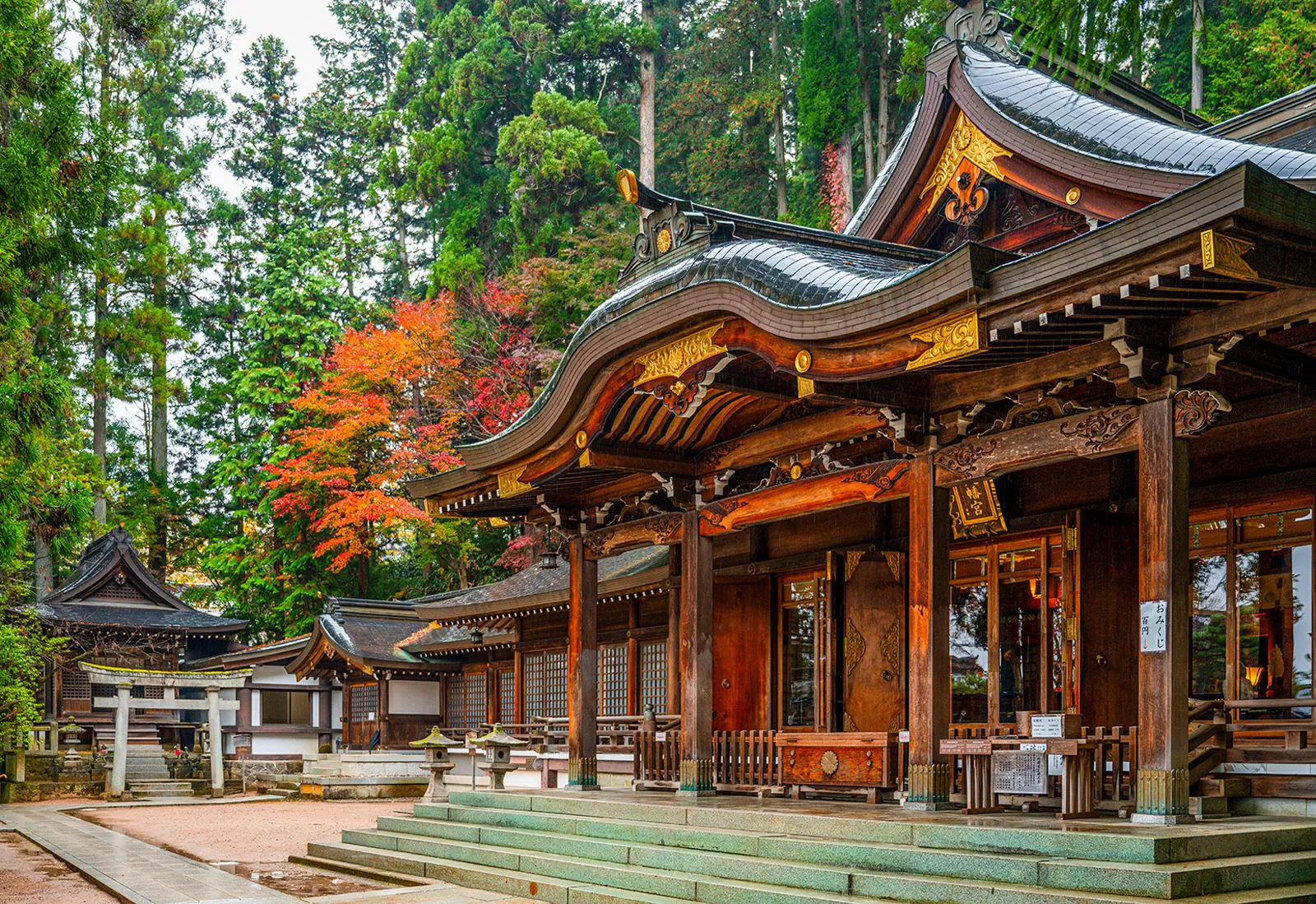 Wide shot view of a shrine and temple