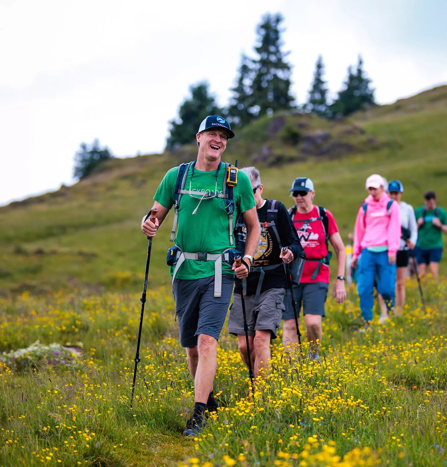 Group of people with walking poles hiking through a valley of grass and yellow flowers