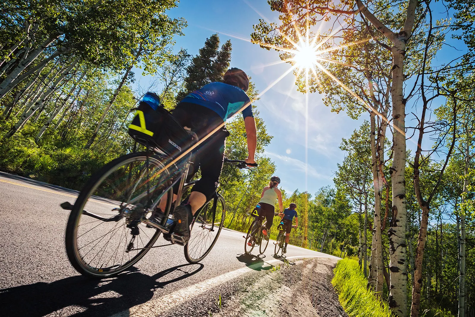 Three women riding bikes on a road surrounded by trees