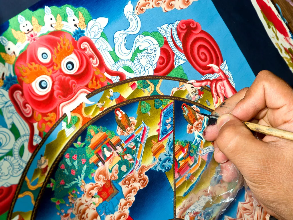 Artist Painting a Colorful Thangka in Kathmandu Valley