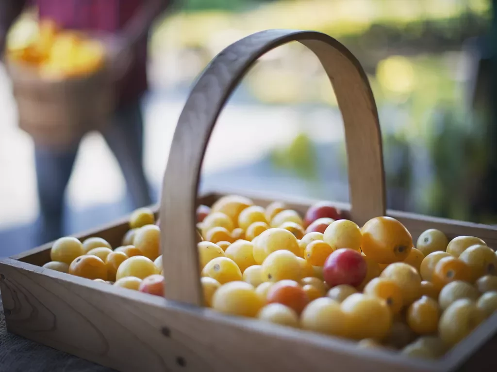 Wooden basket full of yellow fruits
