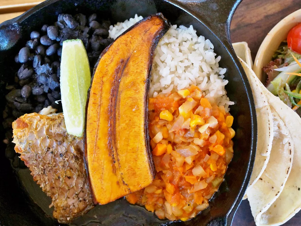 Plate of food with beans, rice, vegetables, grilled fish, and a plantain