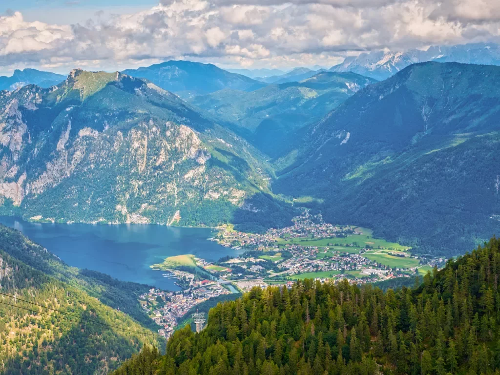 Mountainside shot of a forest and town in the distance