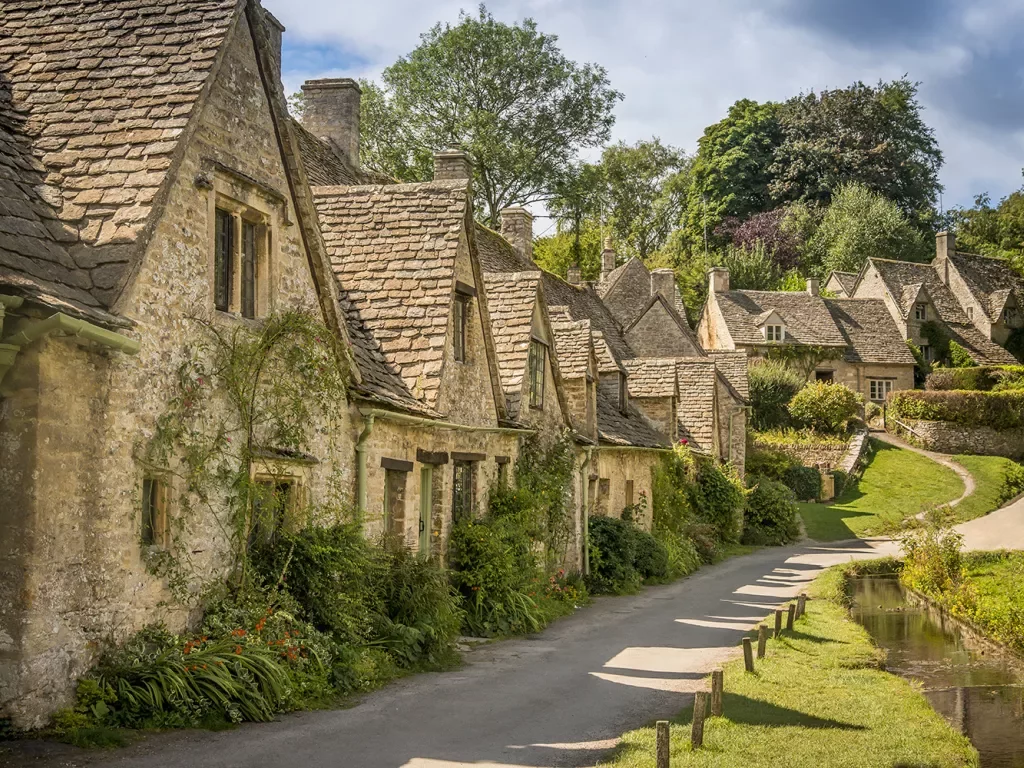 Rustic. brick houses along a narrow road