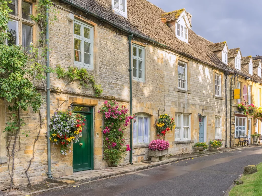 Brick buildings with flowers outside