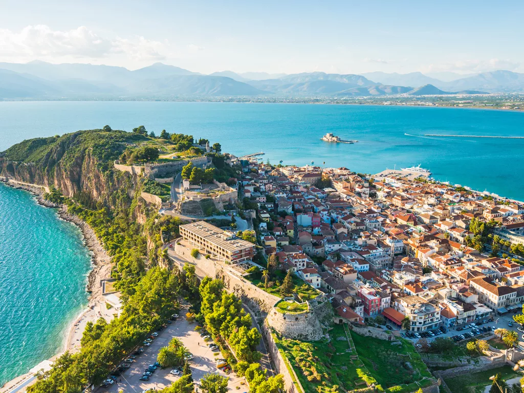 Top view of a small town by the ocean