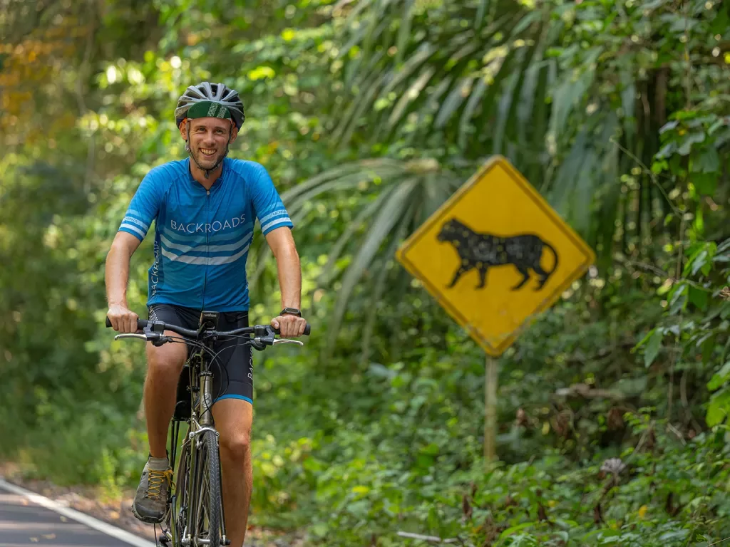 Man biking on the road next to a sign of a lion