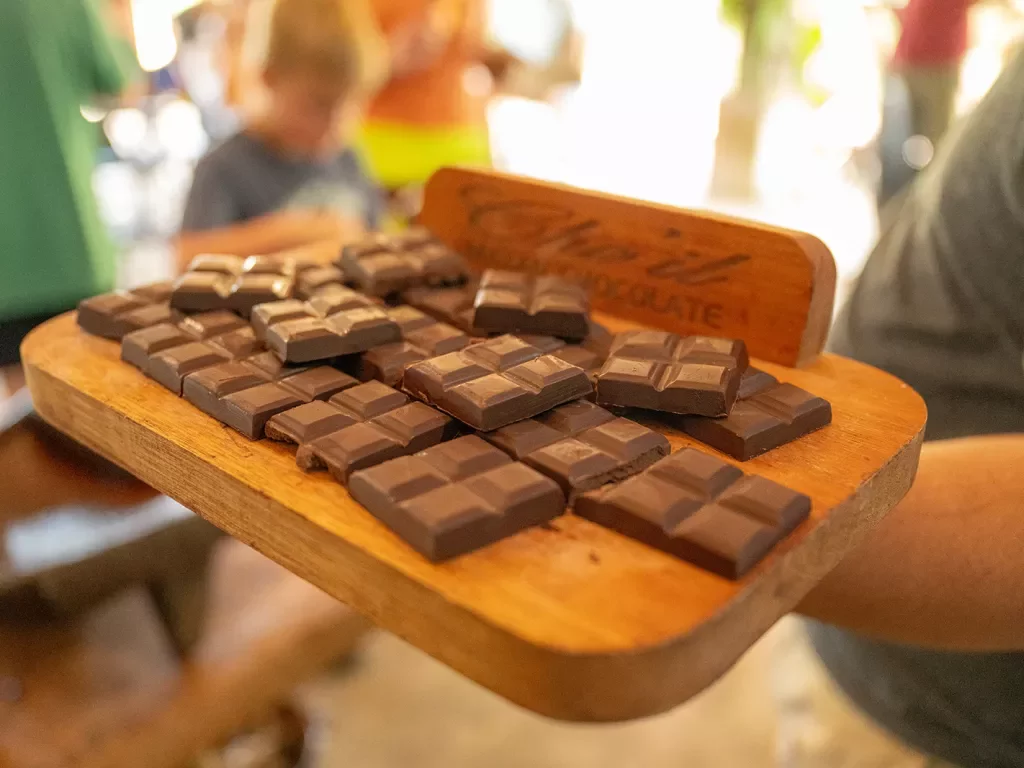 Wooden cutting board full of chocolate squares