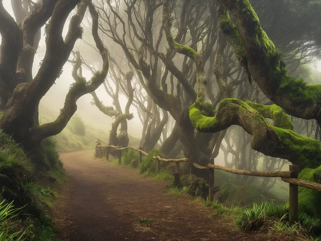 Dirt trail in a foggy forest surrounded by trees with wavy branches