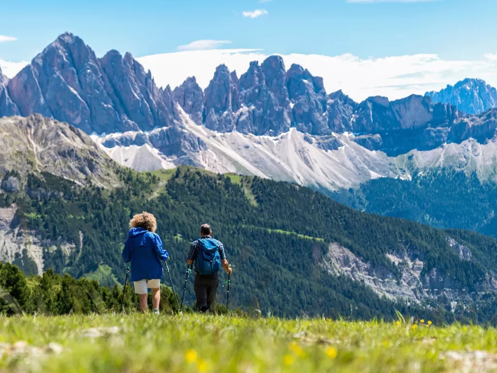 Two people with walking poles descending a grassy hill