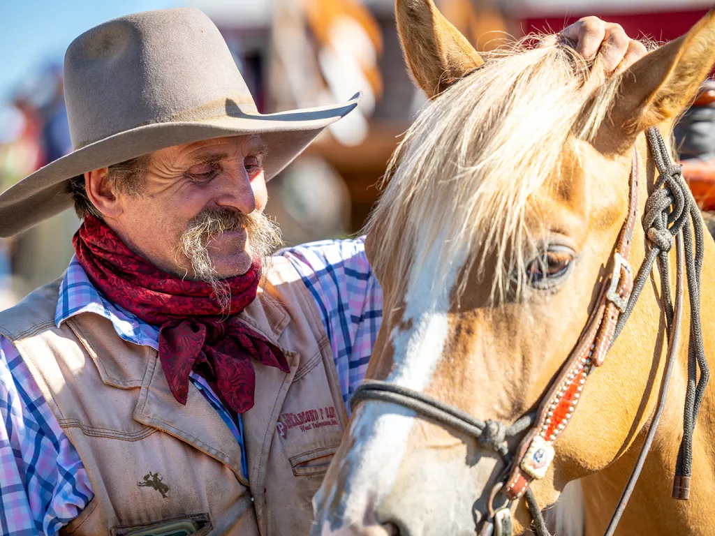 Man with a cowboy hat, while petting a horse