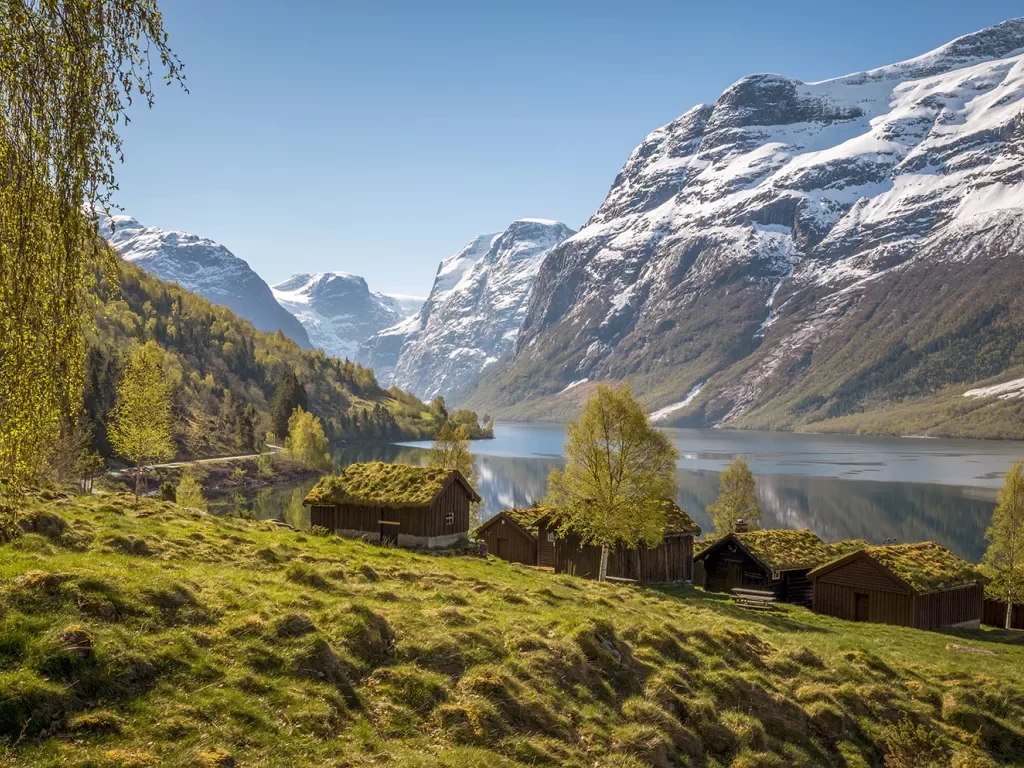 Wooden cabins covered in moss with mountains in the distance