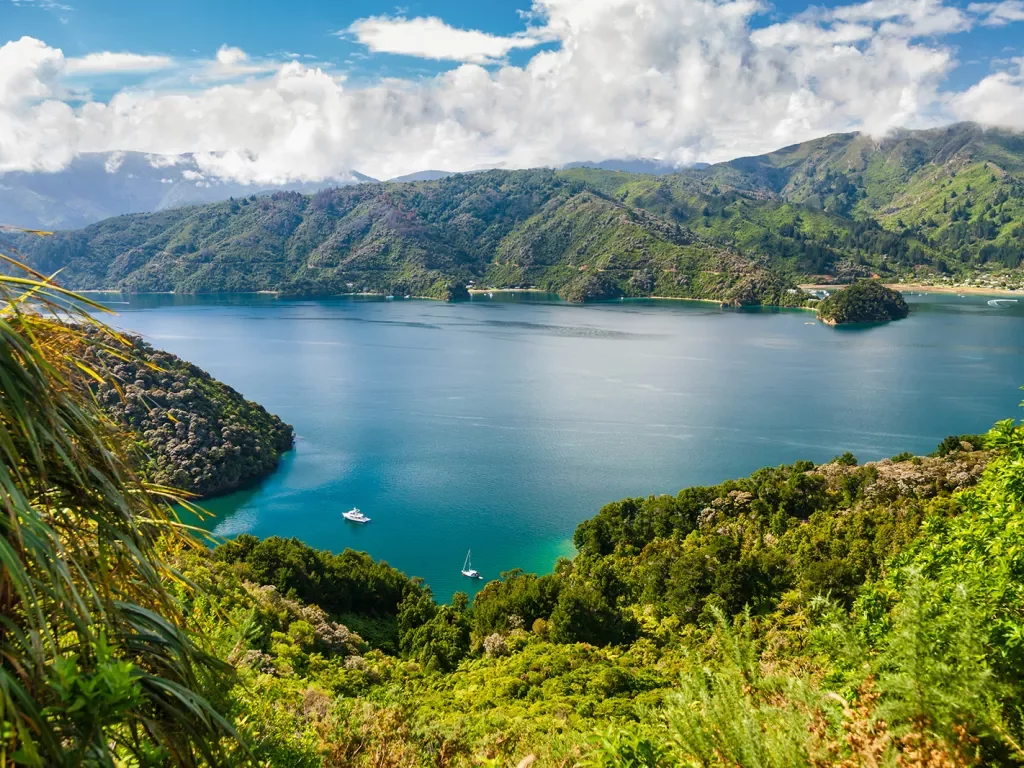 Mountainside view of ocean with boats near the coast