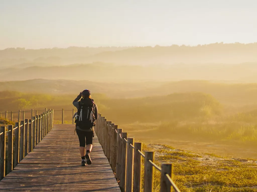 Person walking on a wooden bridge, in the middle of an open, grass field covered with fog