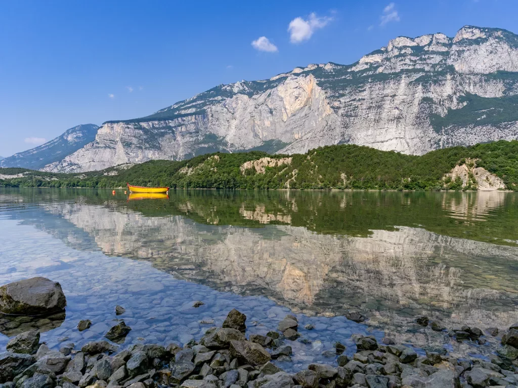 Yellow kayak in the middle of a lake