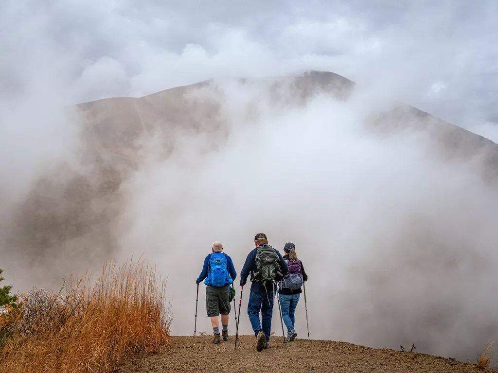 the back of three hikers approaching a foggy mountain