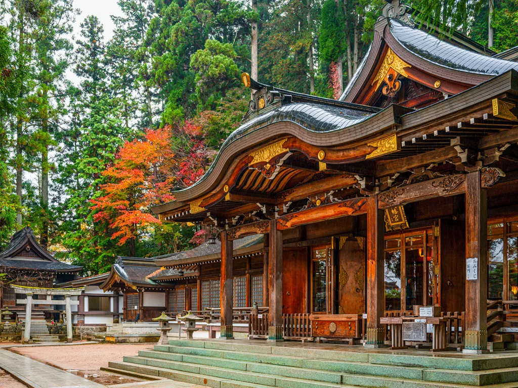 Wide shot view of a shrine and temple 