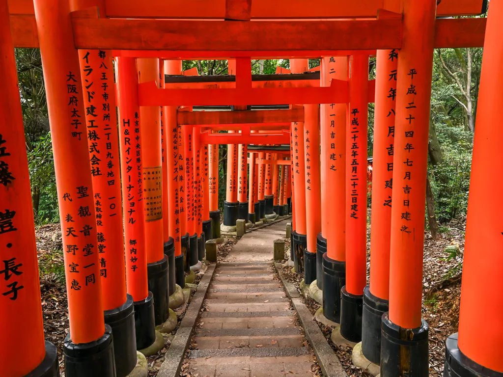 Red Japanese pillars along a long walkway