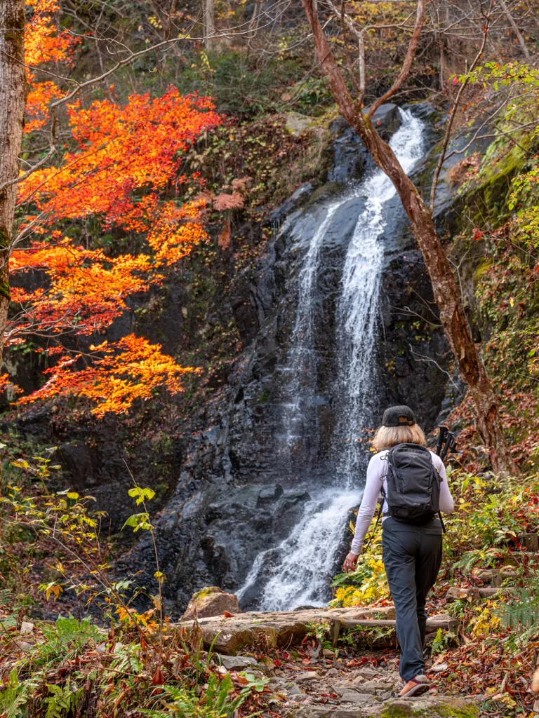 Woman hiking towards a small waterfall in the forest