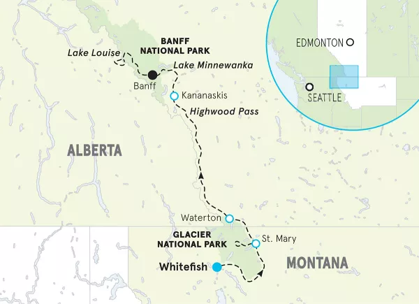 Glacier to Banff Bike Tour map