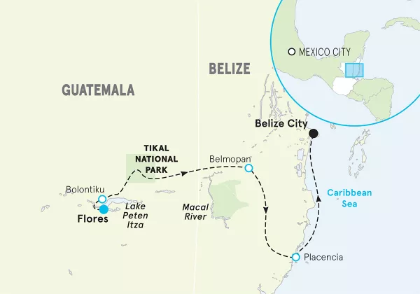 Belize and Guatemala Multi-Adventure Tour map